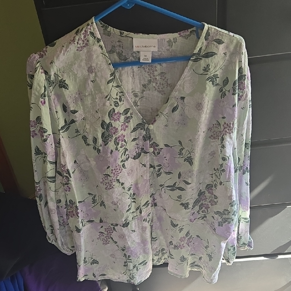 Liz Claiborne Floral Blouse - Green and Purple